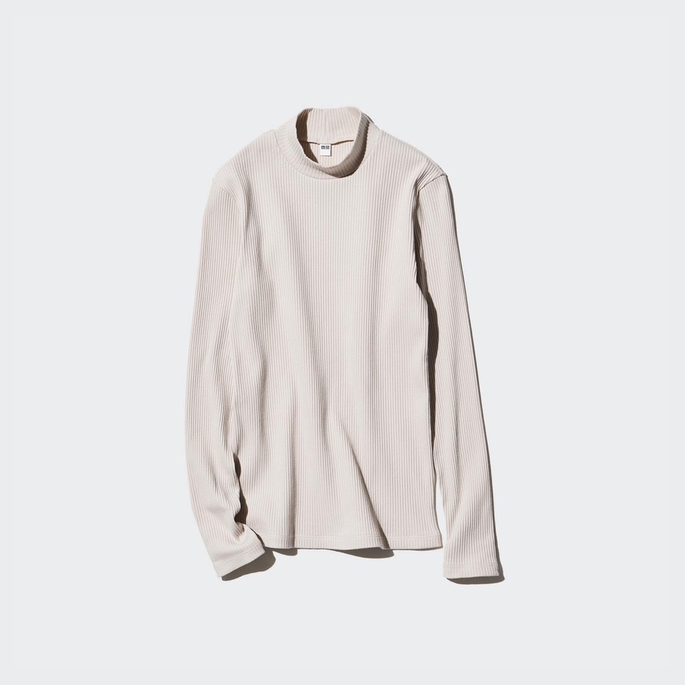 Uniqlo Ribbed Beige Turtleneck Shirt Size Small Neutral Long Sleeve - Picture 2 of 9